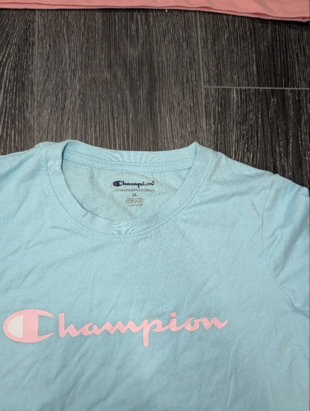Champion Women's Light Blue Logo Tee with Pink Script
